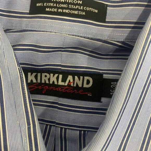 Kirkland Signature Mens Non-Iron Long Sleeve Dress Shirt 16 Blue & White Striped - Picture 4 of 10